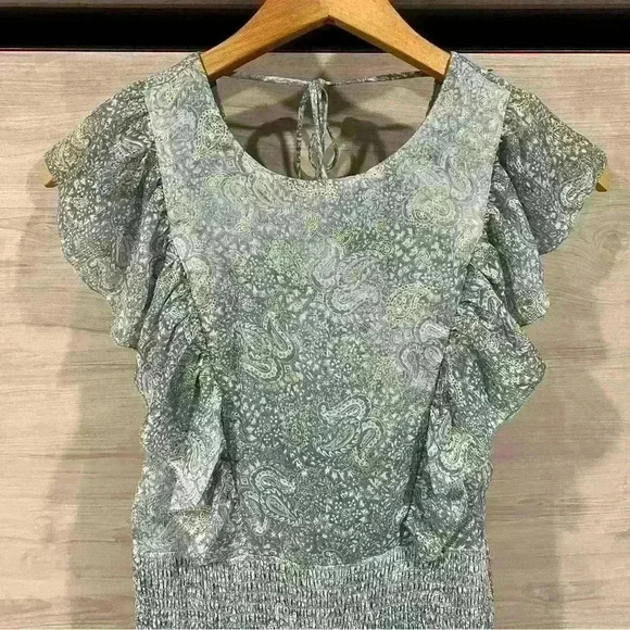 Michael Kors Blue Golden Paisley Mini Dress Ruffle Sleeves Stretchy Waist XS - Picture 2 of 5